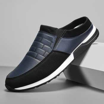 Мъжки кожени обувки - PU горно, гумена подметка, кръгъл нос, обувки без връзки, Пролет 2025