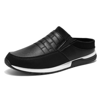 Мъжки кожени обувки - PU горно, гумена подметка, кръгъл нос, обувки без връзки, Пролет 2025