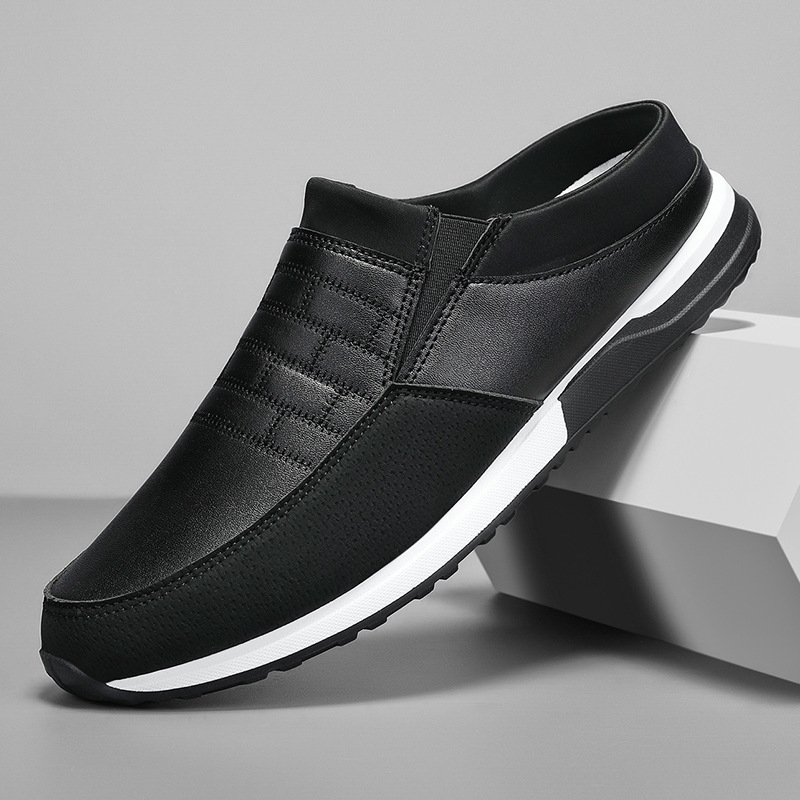 Мъжки кожени обувки - PU горно, гумена подметка, кръгъл нос, обувки без връзки, Пролет 2025