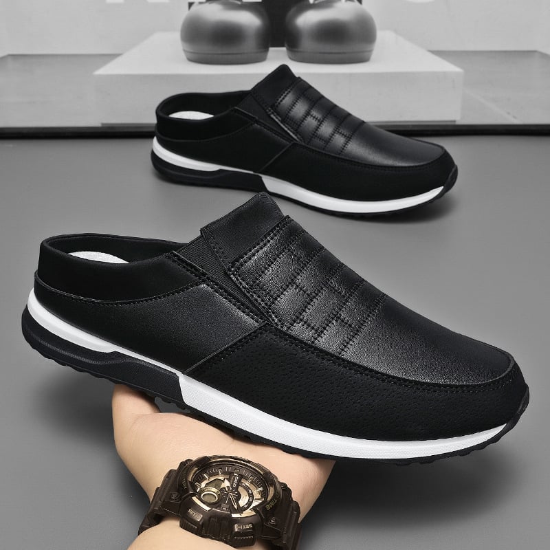 Мъжки кожени обувки - PU горно, гумена подметка, кръгъл нос, обувки без връзки, Пролет 2025