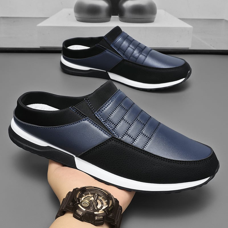 Мъжки кожени обувки - PU горно, гумена подметка, кръгъл нос, обувки без връзки, Пролет 2025