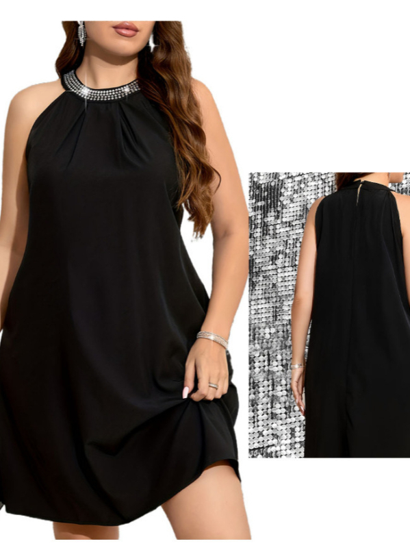 Елегантна халтер рокля със сатен и диамантено украса, без ръкави, средна дължина, полиестер-акрилна смес