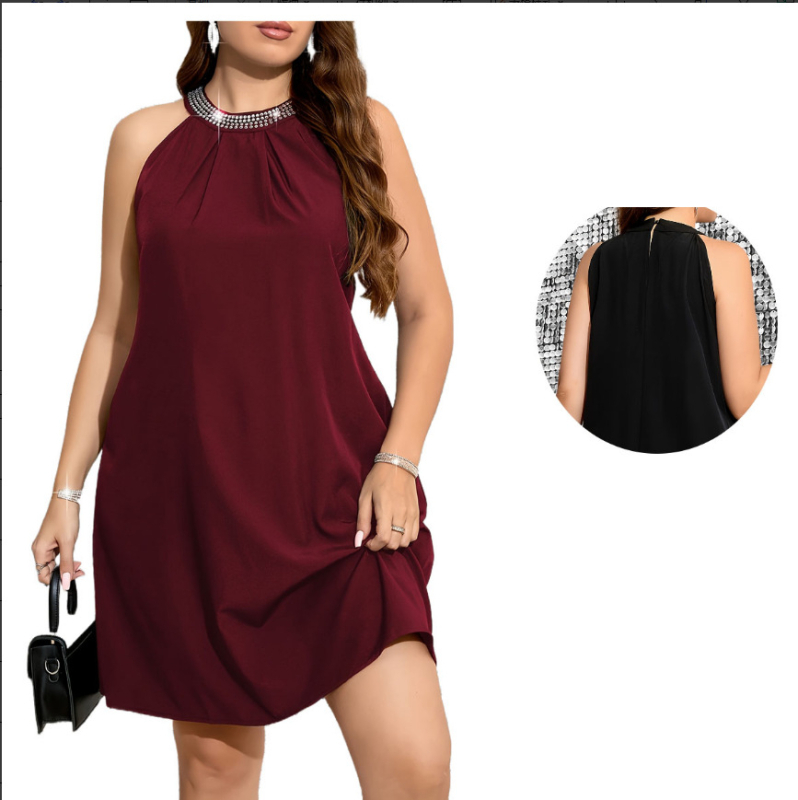 Елегантна халтер рокля със сатен и диамантено украса, без ръкави, средна дължина, полиестер-акрилна смес