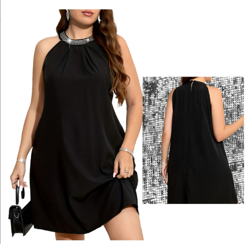 Елегантна халтер рокля със сатен и диамантено украса, без ръкави, средна дължина, полиестер-акрилна смес