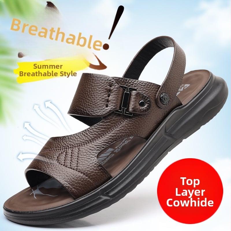 Vyriniai sandalai iš pirmosios karvės odos, PU padas, laisvalaikio stilius su atvirais pirštais, kvėpuojantys (Viršus: pirmosios kokybės karvės oda; Padas: PU; Stilius: laisvalaikio, atviras pirštas; Funkcija: kvėpuojančios; Amžius: 18–40)