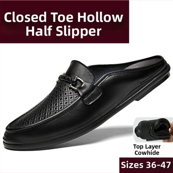 Meeste slip-on sandaalid nahast, hingavad suvel, suletud varvas, ilma kand, kummist talla