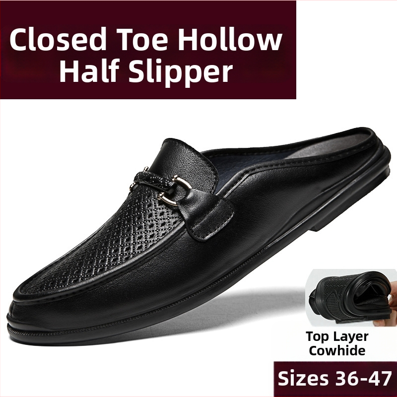 Meeste slip-on sandaalid nahast, hingavad suvel, suletud varvas, ilma kand, kummist talla