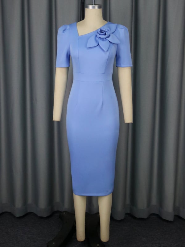 Kolmemõõtmeline lillemotiiviga kleit, kõrge taljejoon, midi pikkus, polüester-spandex segu, asümmeetriline dekoltee