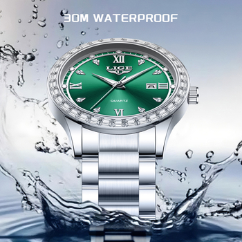 LIGE Naiste kvarts käekell kristallidega, kalender ja öise helendusega, ümmargune korpus tsingisulamist, roostevabast terasest rihm, mineraalklaas, veekindlus 30 m