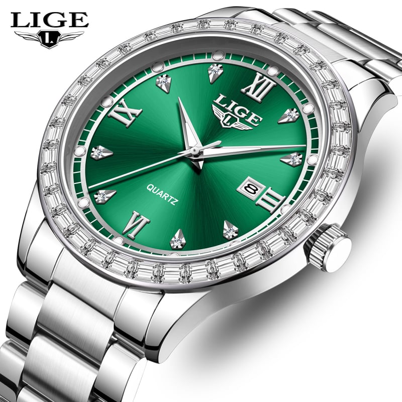 LIGE Naiste kvarts käekell kristallidega, kalender ja öise helendusega, ümmargune korpus tsingisulamist, roostevabast terasest rihm, mineraalklaas, veekindlus 30 m