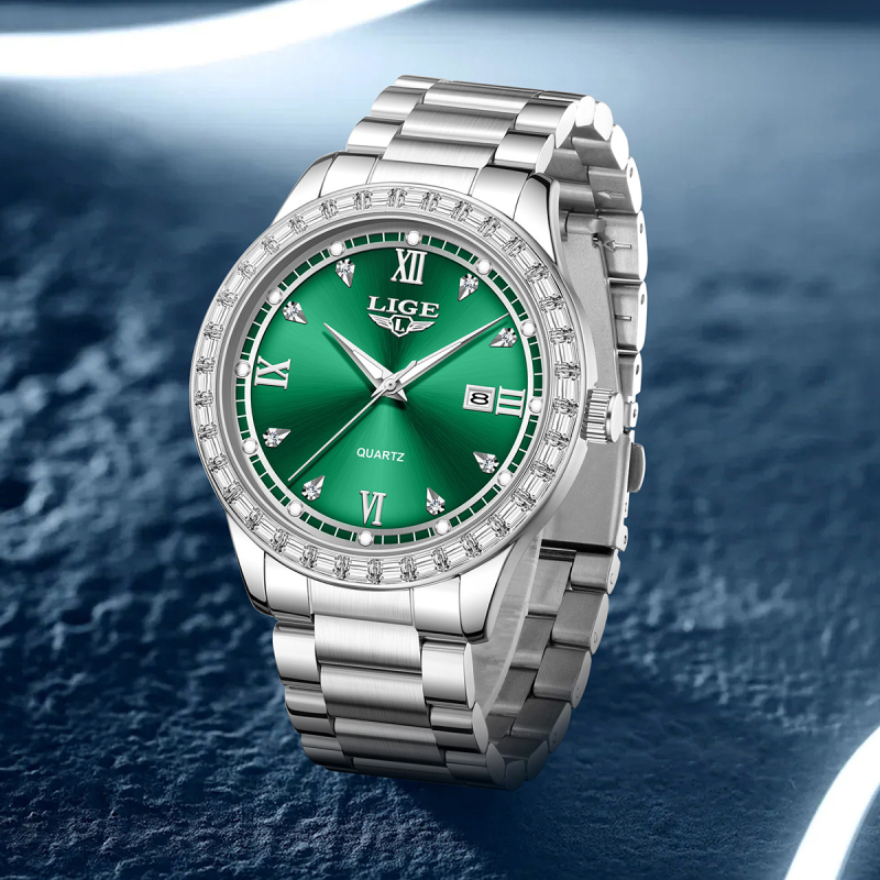 LIGE Naiste kvarts käekell kristallidega, kalender ja öise helendusega, ümmargune korpus tsingisulamist, roostevabast terasest rihm, mineraalklaas, veekindlus 30 m