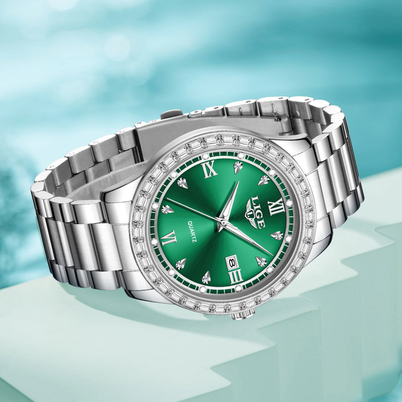 LIGE Naiste kvarts käekell kristallidega, kalender ja öise helendusega, ümmargune korpus tsingisulamist, roostevabast terasest rihm, mineraalklaas, veekindlus 30 m