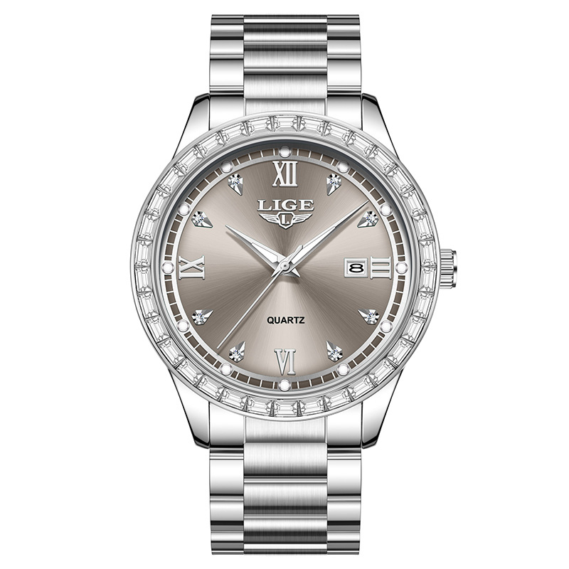 LIGE Naiste kvarts käekell kristallidega, kalender ja öise helendusega, ümmargune korpus tsingisulamist, roostevabast terasest rihm, mineraalklaas, veekindlus 30 m