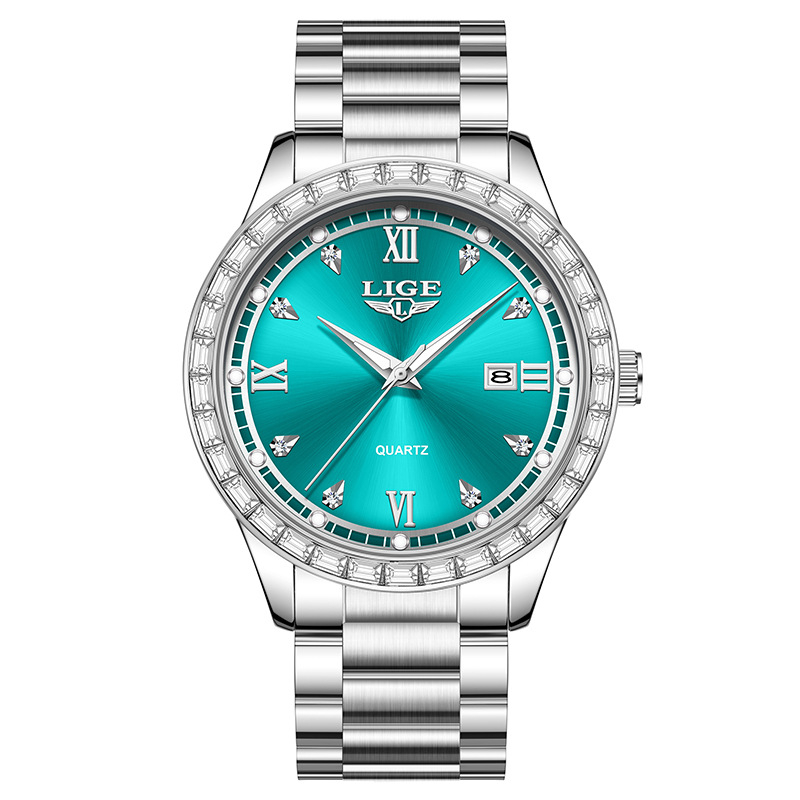 LIGE Naiste kvarts käekell kristallidega, kalender ja öise helendusega, ümmargune korpus tsingisulamist, roostevabast terasest rihm, mineraalklaas, veekindlus 30 m