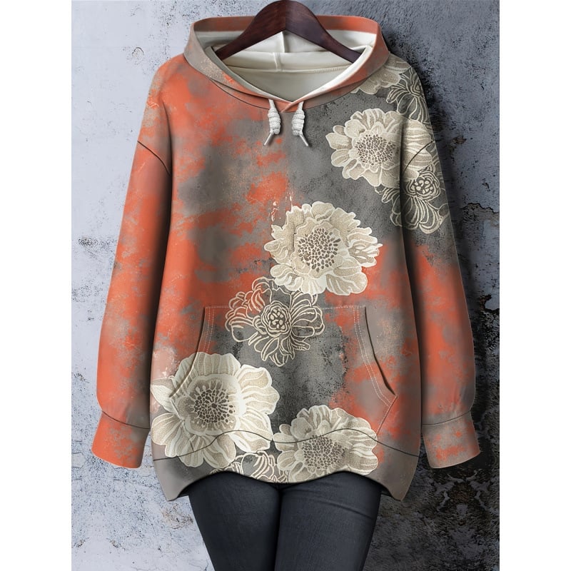 Kapuutsita sviiter, lillemustriline täisprind, fliisvooder, ramie 51–70%, kardigan-stiil, 400 g+