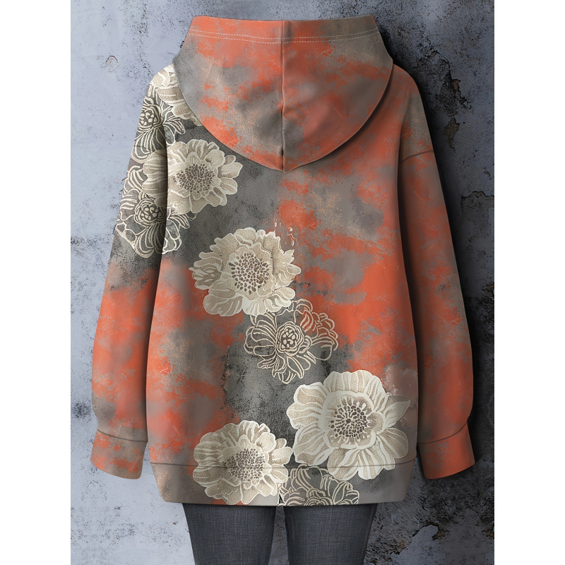 Свитшот без качулка, флорален пълен принт, пуловер, подплатен с флийс, рамиe 51–70%, стил кардиган, тегло 400 g+