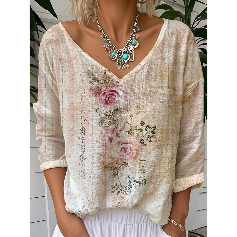 Γυναικεία ζακέτα Vintage Casual με 3D εκτύπωση λουλουδιών και V-λαιμό, 100% πολυεστέρας, fleece επένδυση, μανίκια 3/4