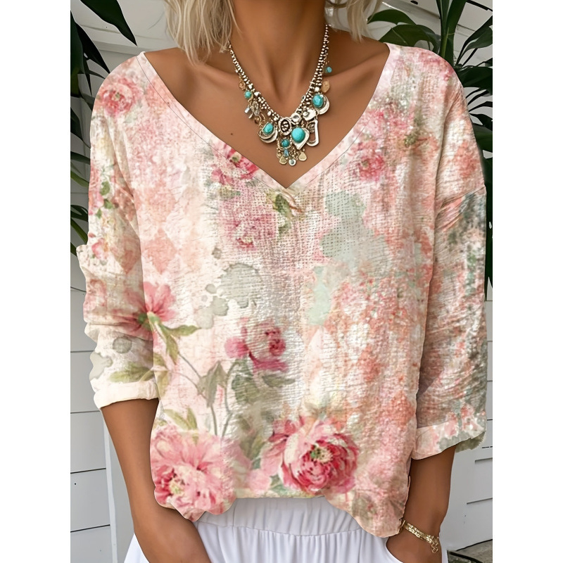 Γυναικεία ζακέτα Vintage Casual με 3D εκτύπωση λουλουδιών και V-λαιμό, 100% πολυεστέρας, fleece επένδυση, μανίκια 3/4