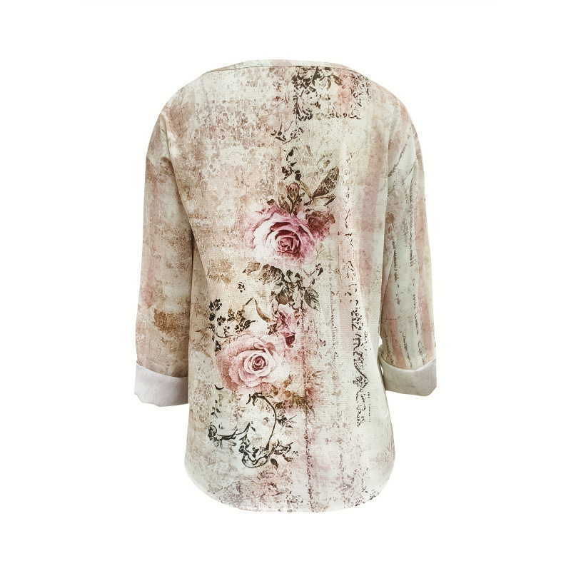 Γυναικεία ζακέτα Vintage Casual με 3D εκτύπωση λουλουδιών και V-λαιμό, 100% πολυεστέρας, fleece επένδυση, μανίκια 3/4