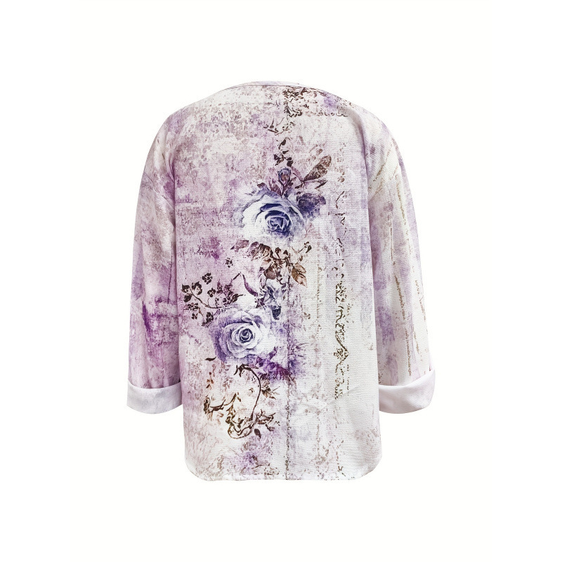 Γυναικεία ζακέτα Vintage Casual με 3D εκτύπωση λουλουδιών και V-λαιμό, 100% πολυεστέρας, fleece επένδυση, μανίκια 3/4