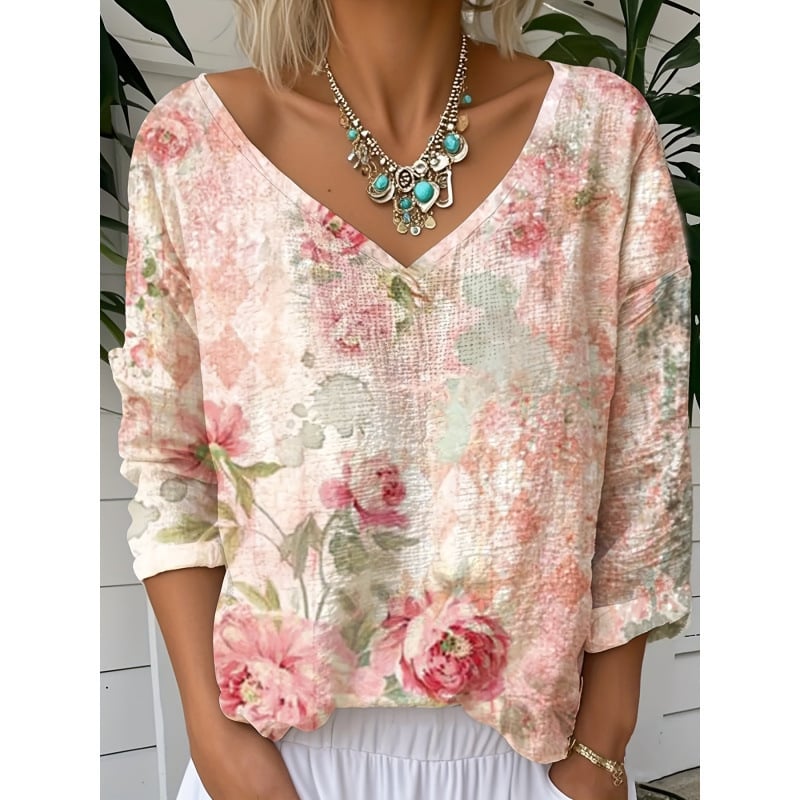 Кардиган за жени, Vintage Casual с 3D флорална щампа и V-образно деколте, 100% полиестер, с подплата от флийс, 3/4 ръкави