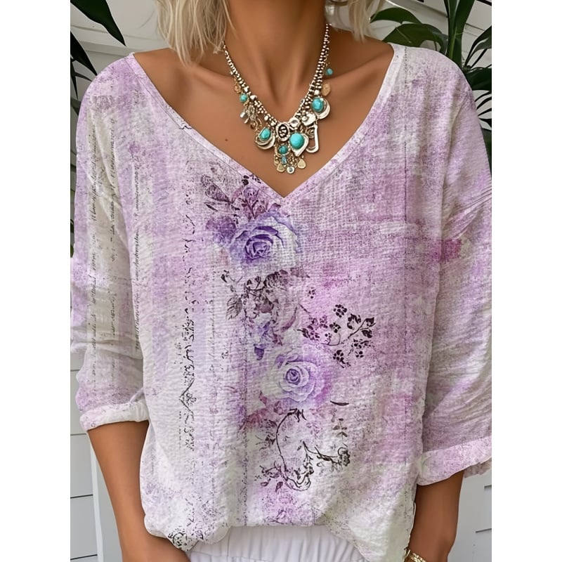 Кардиган за жени, Vintage Casual с 3D флорална щампа и V-образно деколте, 100% полиестер, с подплата от флийс, 3/4 ръкави