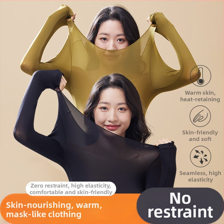 Moterų ultra plonas bešiuvas šilumos termo apatinių komplektas — ilgų rankovių viršūnė ir ilgoms kelnioms; anti‑statinis, kūno formavimas, hidracija hialurono rūgštimi; audinys: nailonas-spandeks (80–90% spandekso).