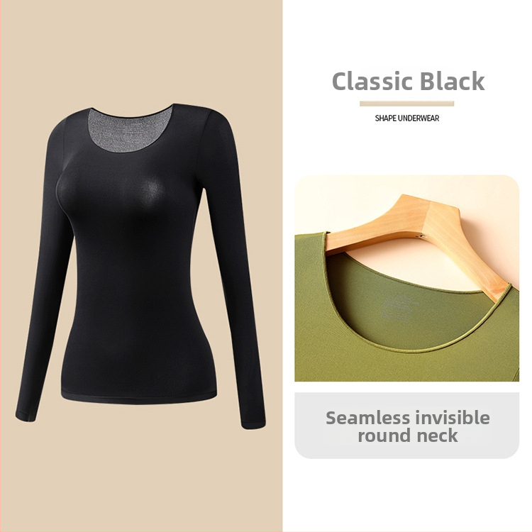 Moterų ultra plonas bešiuvas šilumos termo apatinių komplektas — ilgų rankovių viršūnė ir ilgoms kelnioms; anti‑statinis, kūno formavimas, hidracija hialurono rūgštimi; audinys: nailonas-spandeks (80–90% spandekso).