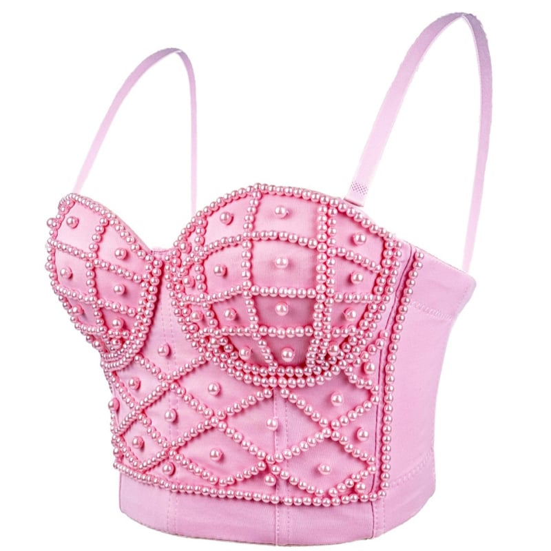 Montisha потниче с перли – презрамки за раменете, Slim fit, къс топ, едноцветен