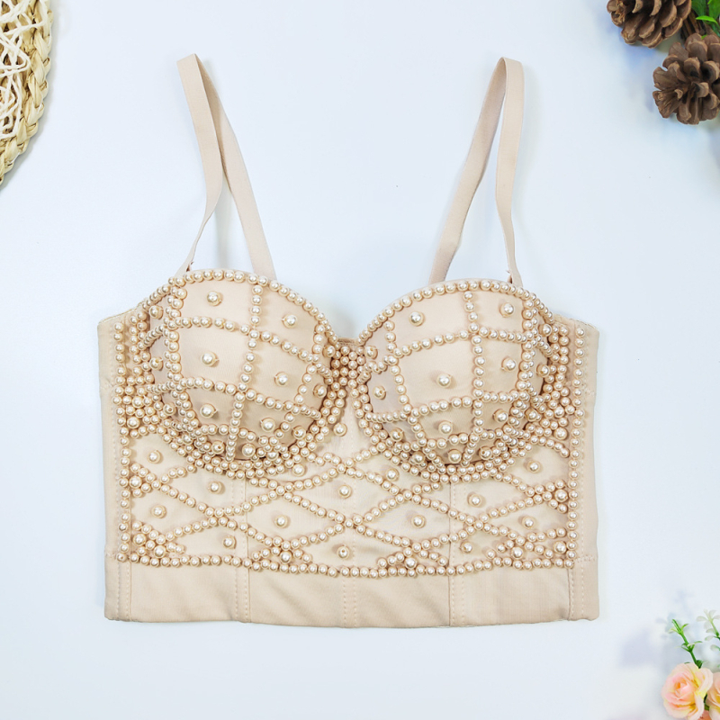 Montisha потниче с перли – презрамки за раменете, Slim fit, къс топ, едноцветен