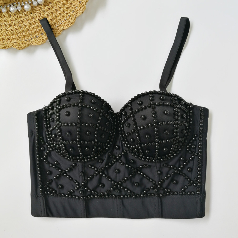 Montisha потниче с перли – презрамки за раменете, Slim fit, къс топ, едноцветен