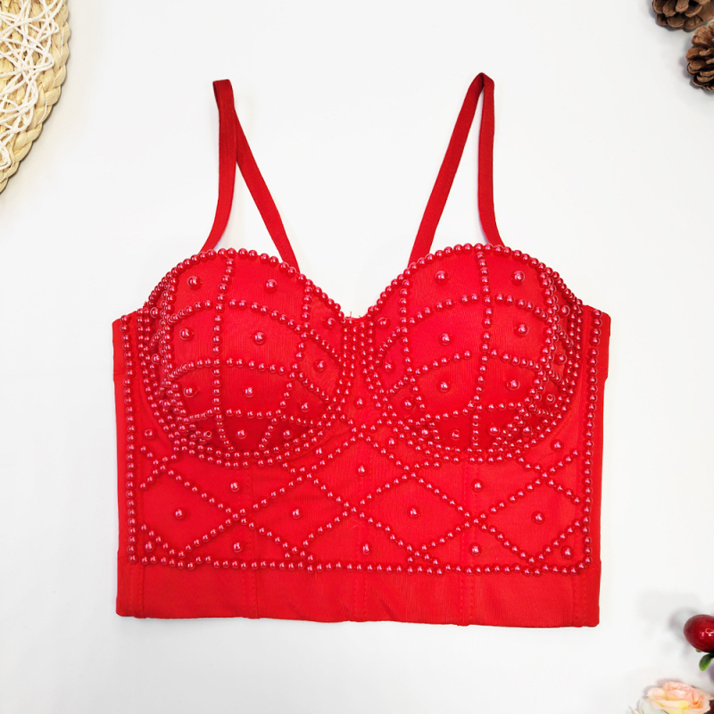 Montisha потниче с перли – презрамки за раменете, Slim fit, къс топ, едноцветен