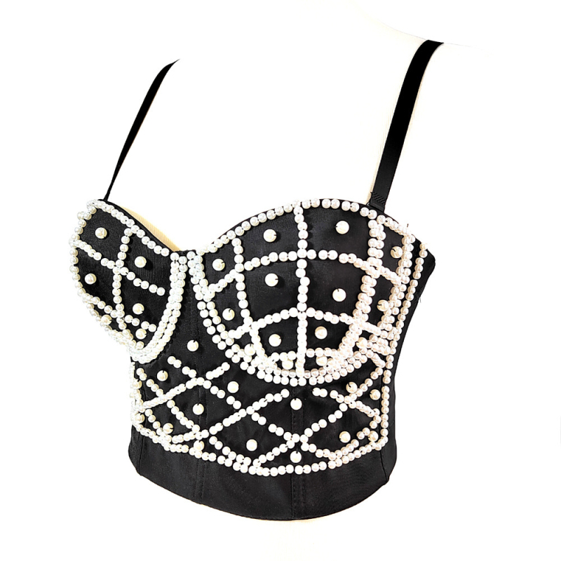 Montisha потниче с перли – презрамки за раменете, Slim fit, къс топ, едноцветен