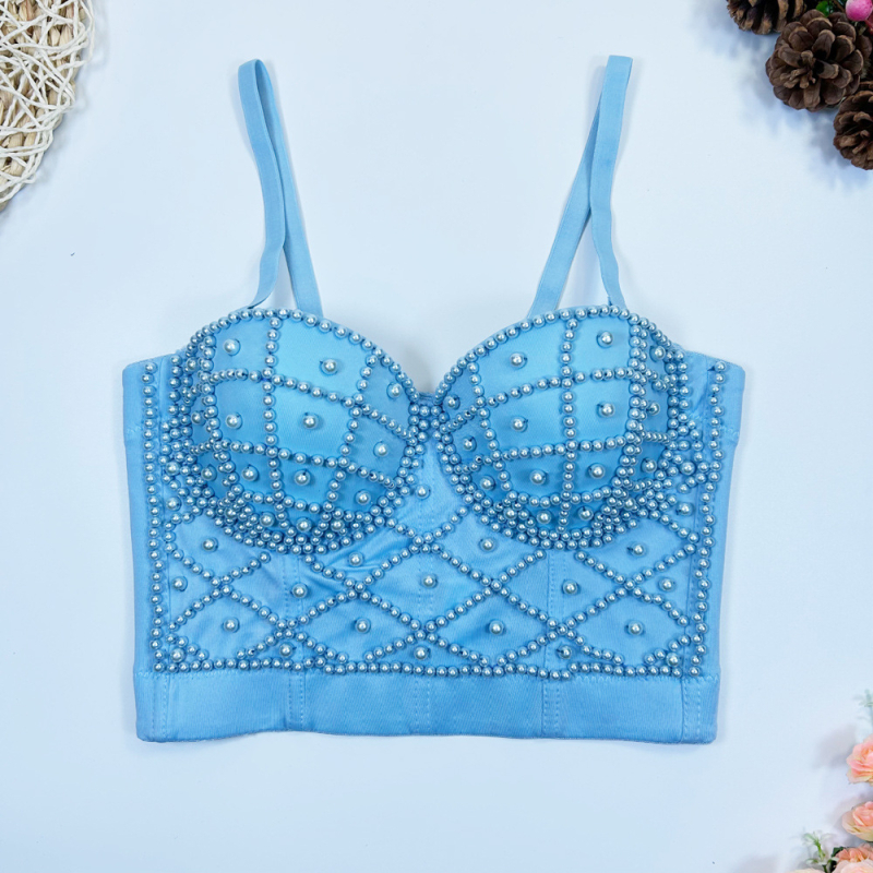 Montisha потниче с перли – презрамки за раменете, Slim fit, къс топ, едноцветен