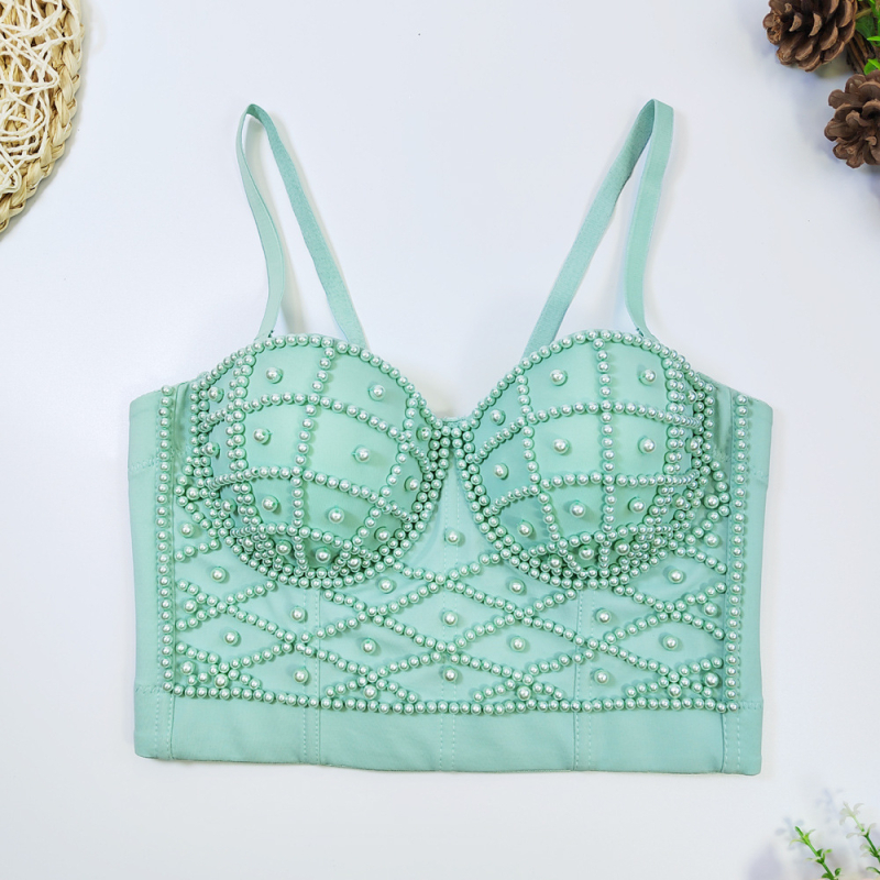 Montisha потниче с перли – презрамки за раменете, Slim fit, къс топ, едноцветен