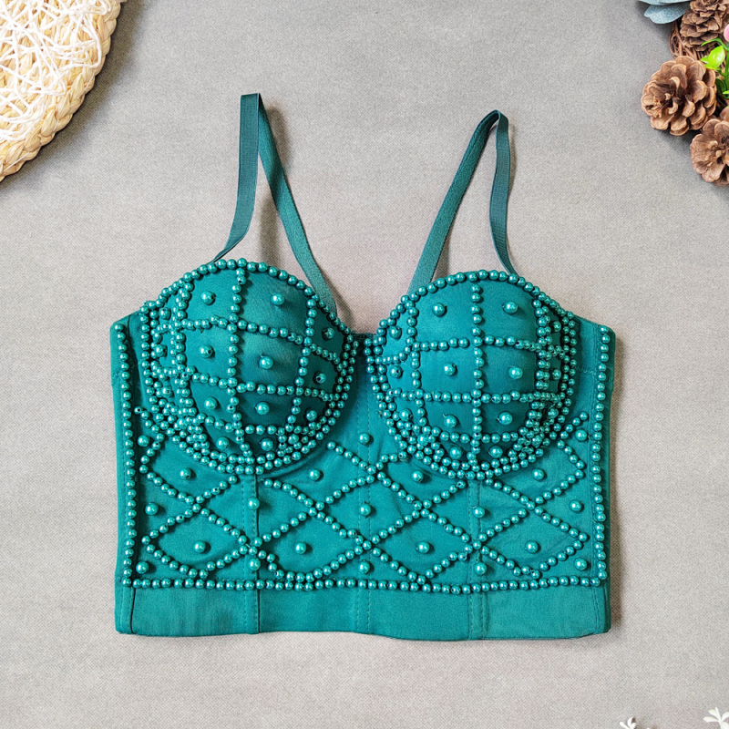 Montisha потниче с перли – презрамки за раменете, Slim fit, къс топ, едноцветен