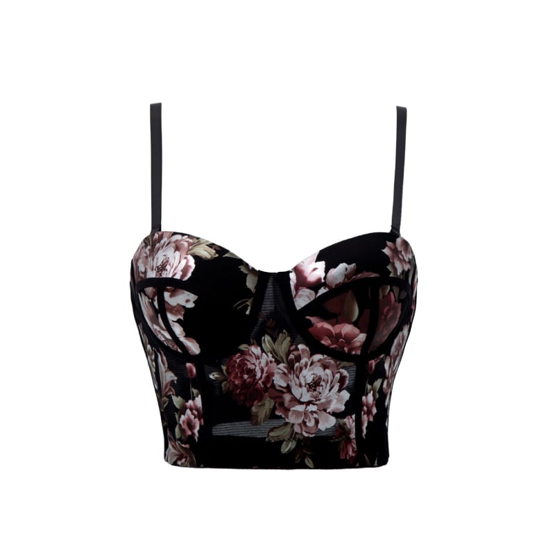 Флорална корсет‑жилетка без гръб с костички, тясно оформящ силует, ултра‑къса дължина (≤40 см)