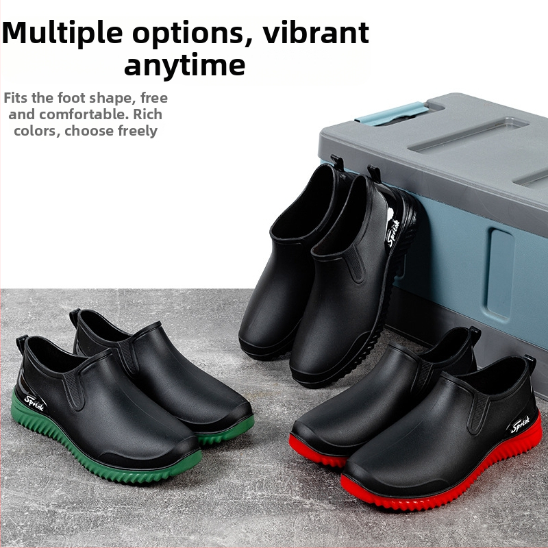 Meeste lühikesed vihmajalatsid PVC ülaosaga, plastmassist tallaga, libisemisvastane ja kulumiskindel, nelja aastaaja kasutamiseks