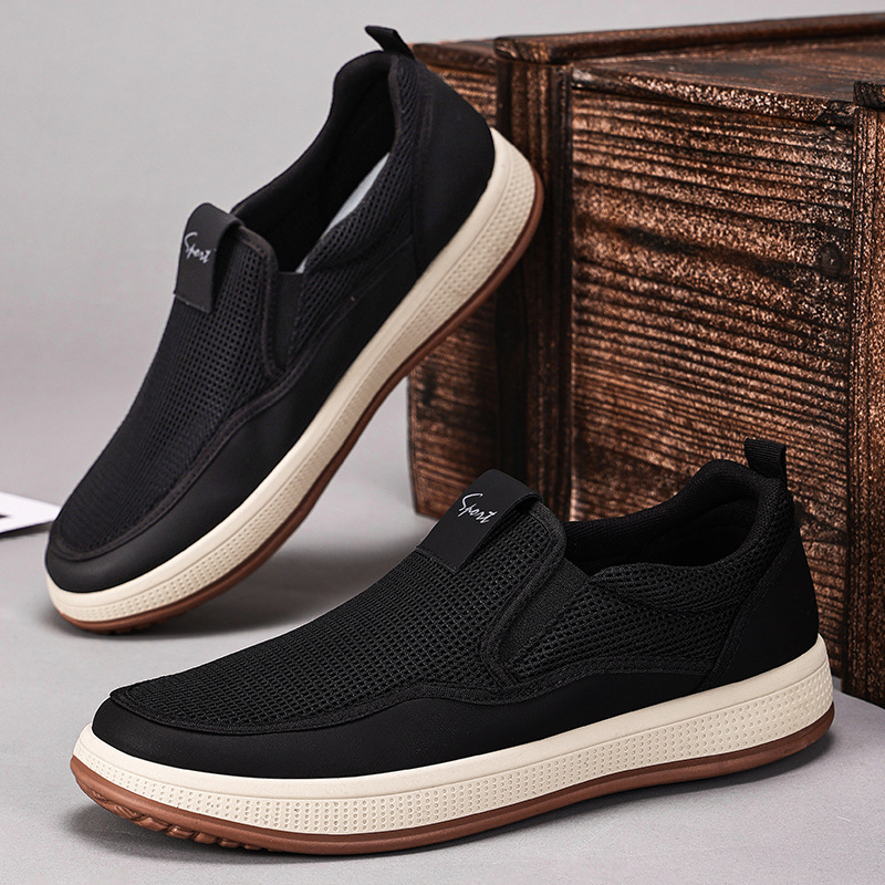 Férfiaknak készült, lélegző hálós felső részű slip-on sétacipő, könnyű injekciós formájú PVC talppal és textil talpbetéttel