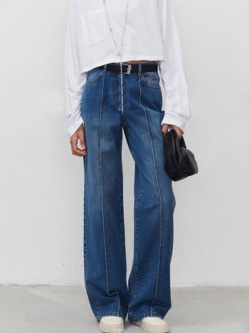 Дамски дънки, средна талия, прав и широк крак, 95% памук, микроеластичност, средна плътност