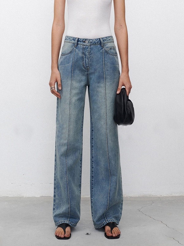 Дамски дънки, средна талия, прав и широк крак, 95% памук, микроеластичност, средна плътност