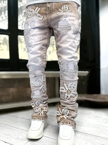 Дънки с прав и свободен силует, дистрес със бродирани нашивки, средна талия, цип за закопчаване, памучен деним с лека еластичност