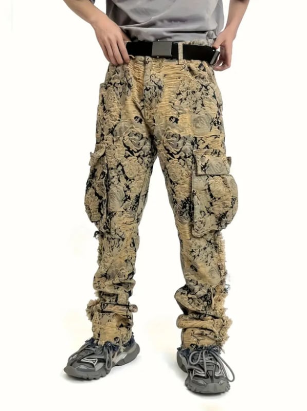 Дънки с прав и свободен силует, дистрес със бродирани нашивки, средна талия, цип за закопчаване, памучен деним с лека еластичност