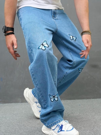 Дънки с права кройка, ръчно рисуван дизайн, ниска талия, цип, тънък плат