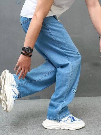 Дънки с права кройка, ръчно рисуван дизайн, ниска талия, цип, тънък плат