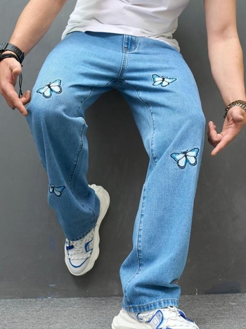 Дънки с права кройка, ръчно рисуван дизайн, ниска талия, цип, тънък плат