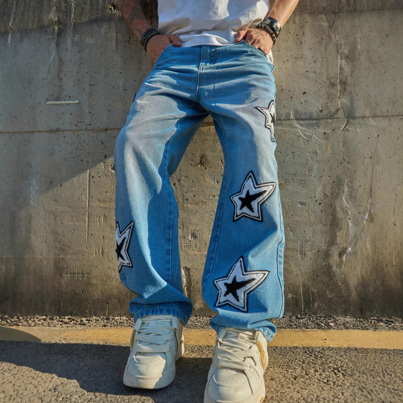 Мъжки дънки, корейски стил, свободна кройка, средна талия, цип, памук деним 71%