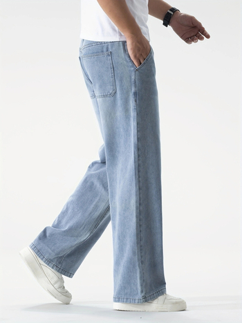 Дънки — корейски стил, право кроя, свободна кройка, множество джобове, пране с вода (67% памук, 33% полиестер; средна талия; закопчаване с цип)