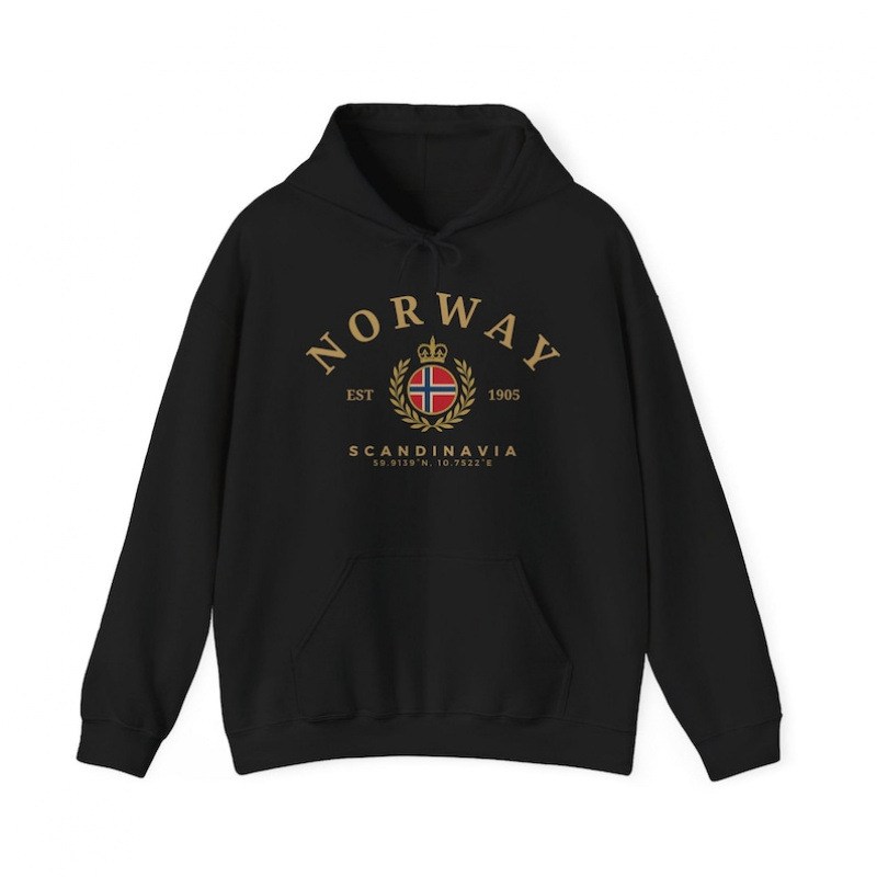 Norway Hoodie — лек полиестров суитшърт с принт, качулка, кръгло деколте, дълги ръкави, джоб кенгуру