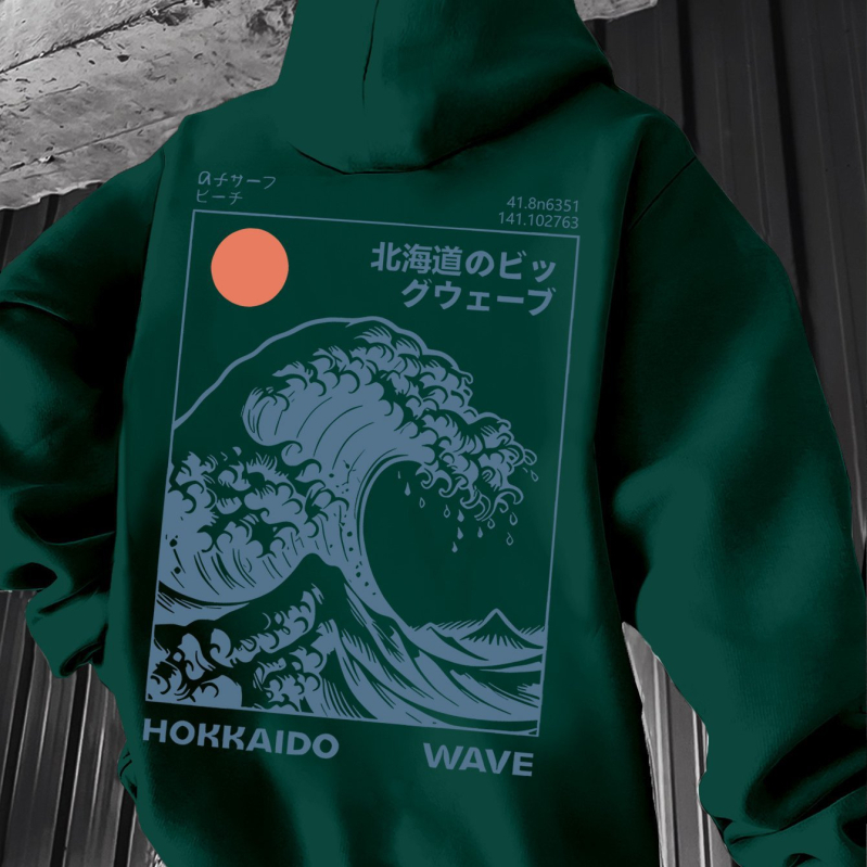 Худи с принт японски вълнов мотив и Великата вълна Канагава – винтидж стил за сърф, свободна кройка, полиестерна материя